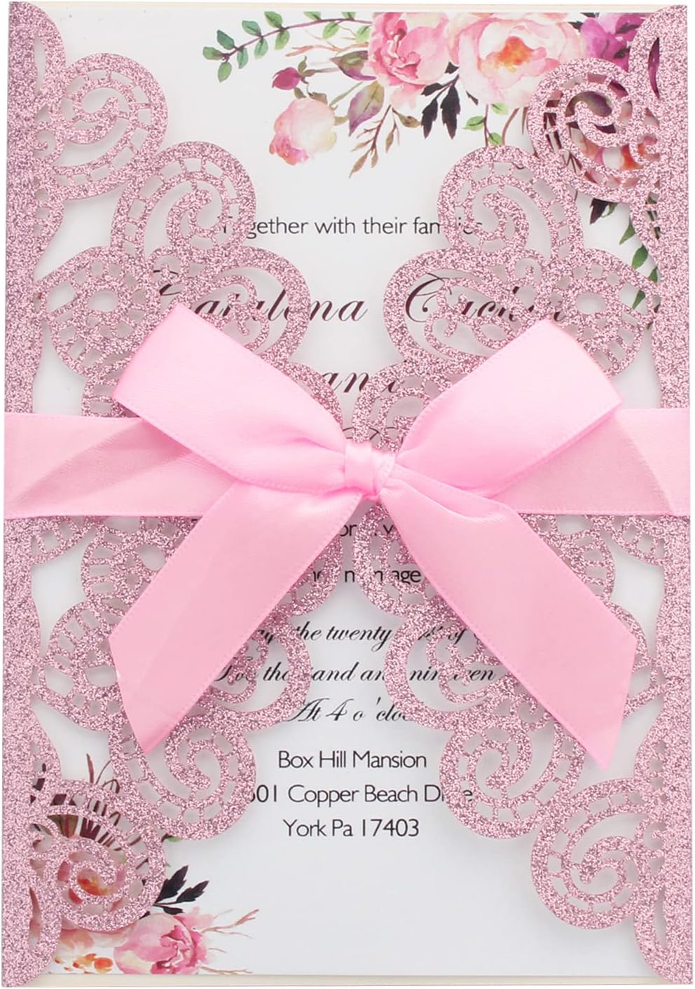 50Pcs Wedding Invitations with Envelopes and Rsvp Cards Pink Glitter Laser Cut Invitations with Pink Ribbons for Engagement Brithday Quinceanera Invites