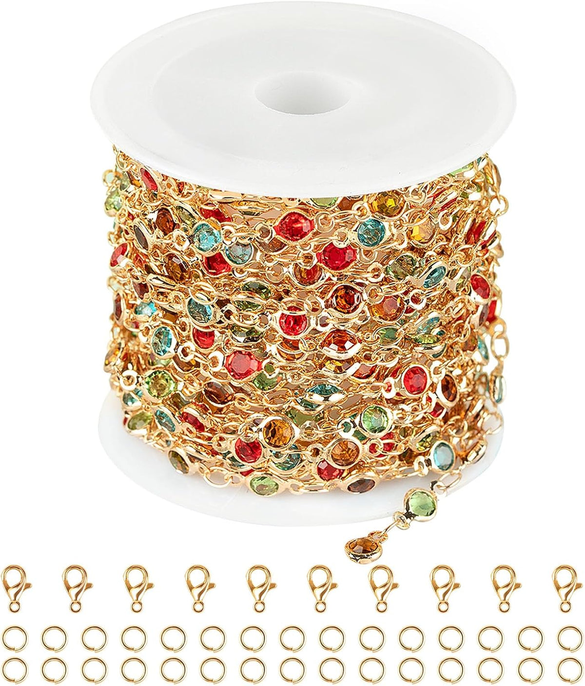 16.4 Feet/5M Gold Necklace Chains for Jewelry Making Colorful Rhinestone Beaded Chain Bulk Brass Chains Roll with Jump Rings Lobster Clasps for Jewelry Craft Making