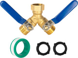 Brass Garden Hose Splitter, Y Valve Splitter with Stainless Steel Long Handle, Heavy Duty 2 Way 3/4" GHT Thread Water Garden Hose Adapter