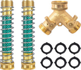 2 Way Hose Splitter, 3/4" Brass Hose Y Splitter with 2 PCS Garden Hose Extension Hose Coiled Spring Protectors and 6 Rubber Washers