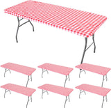 6 Pcs Tablecloth for Folding Fitted Rectangular Table Cloth 30 x 72 Inch Vinyl Waterproof Plastic Table Cover Flannel Backed with Elastic Rim for Indoor Outdoor Picnic Party (Red and White Grid)