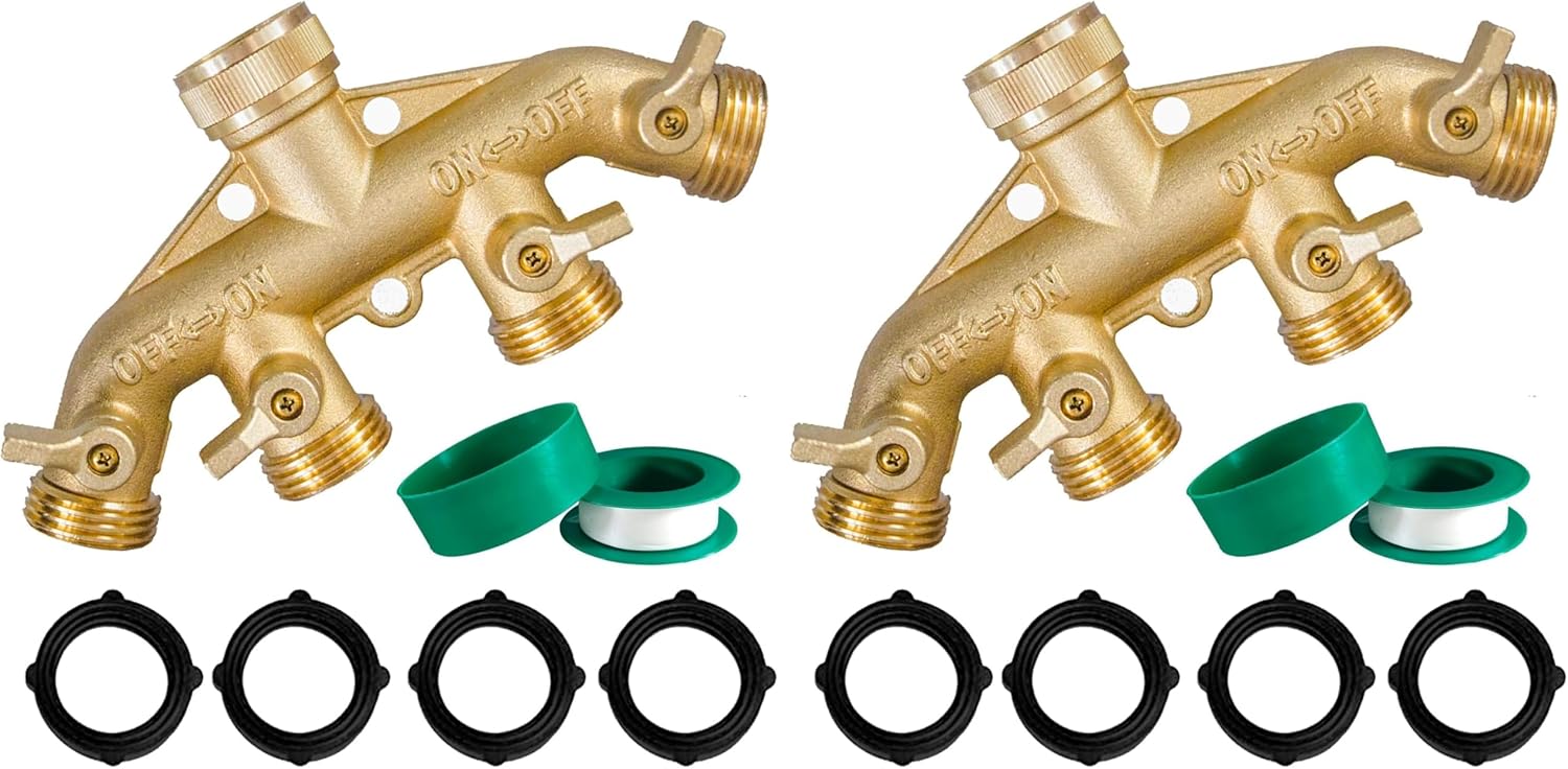Brass Garden Hose Splitter (4 Way), Solid Brass Hose Connector 3/4", Hose Spigot Adapter 4 Valves with 4 Extra Rubber Washers (Pack of 2)