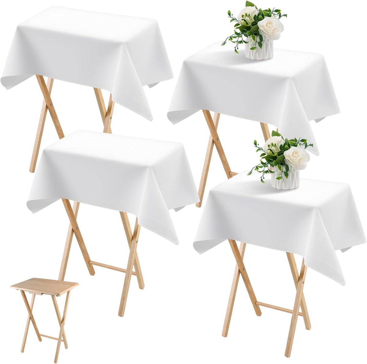 4 Pcs Small Tablecloth Washable Fabric Folding TV Tray Table Cloth Polyester Solid Color Nightstand Cover for Bedside Table Side Outdoor Indoor(White, 24 x 36 Inch, Classic Edge)