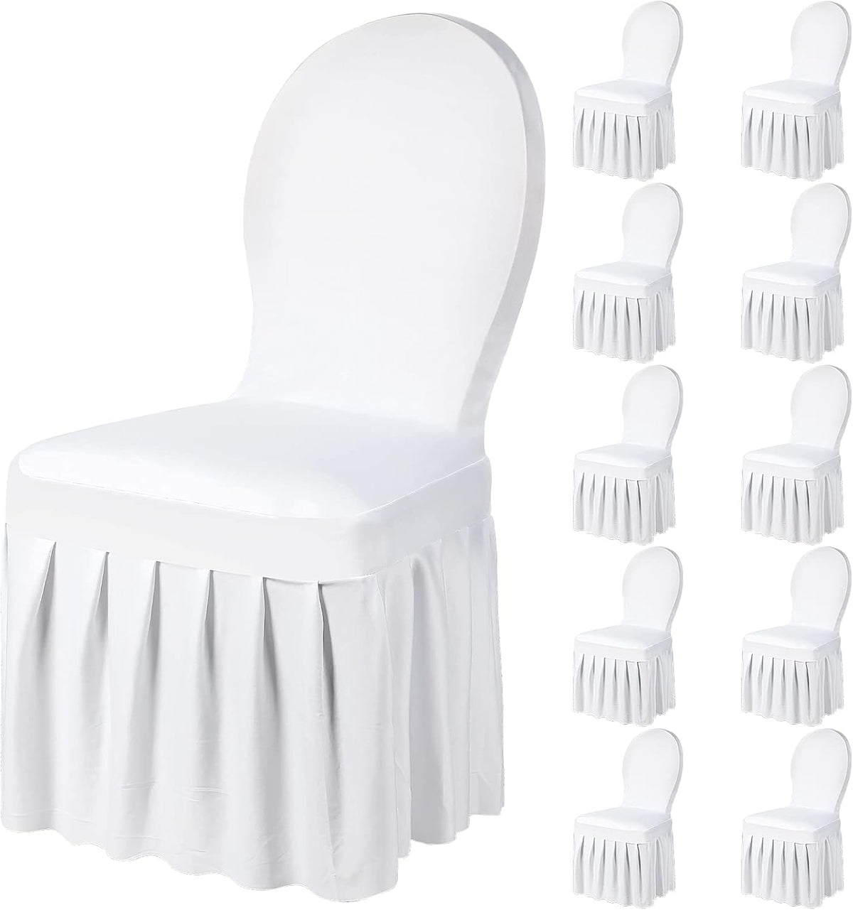 10 Pcs White Chair Covers with Skirt Spandex Chair Slip Covers Wedding Long Stretch Protectors Removable and Washable for Dining Chairs Hotel and Wedding Ceremony