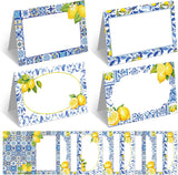 48 Pcs Capri Lemon Place Cards Yellow and Blue Tile Table Name Cards Tent Placard Buffet Food Label for Table Setting Birthday Bridal Shower Italy Yellow Lemon and Amalfi Coast Party Decoration
