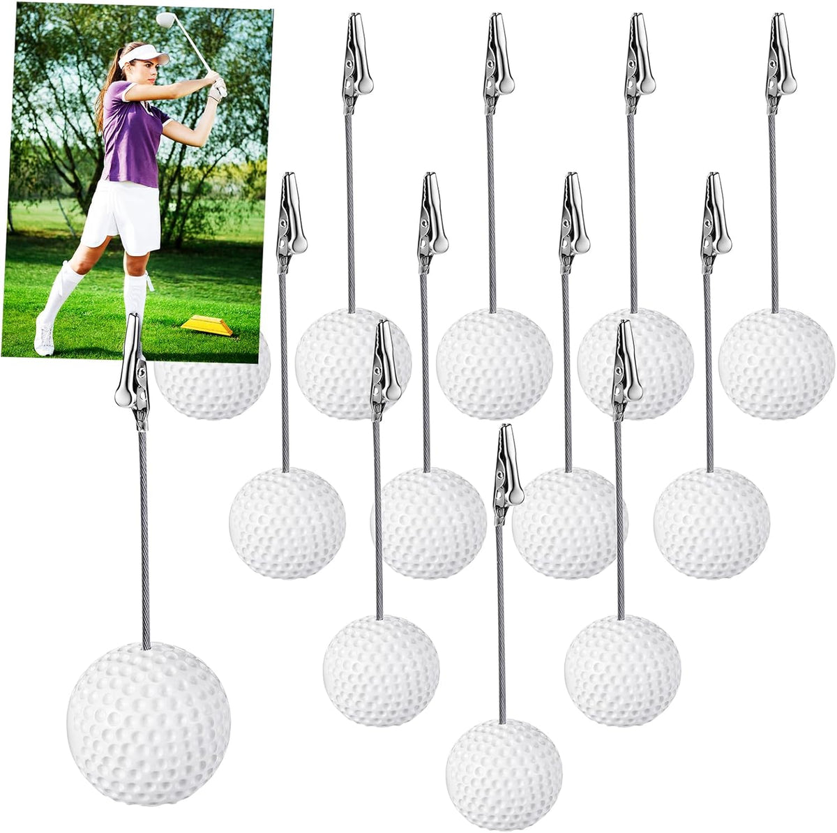 12 Pcs Resin Sports Ball Base Memo Clips with Alligator Wire Table Number Card Place Holders Photo Stand for Office Menu Wedding Party Events Decoration(Golf)