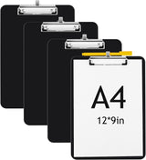 4 Pcs Black Clipboards with Pen Holder 12 x 9 Inch with Profile Clip Standard A4 Letter Size Holds 100 Sheets Plastic Board with Metal Clip and Pen Holder for School Students Office Work
