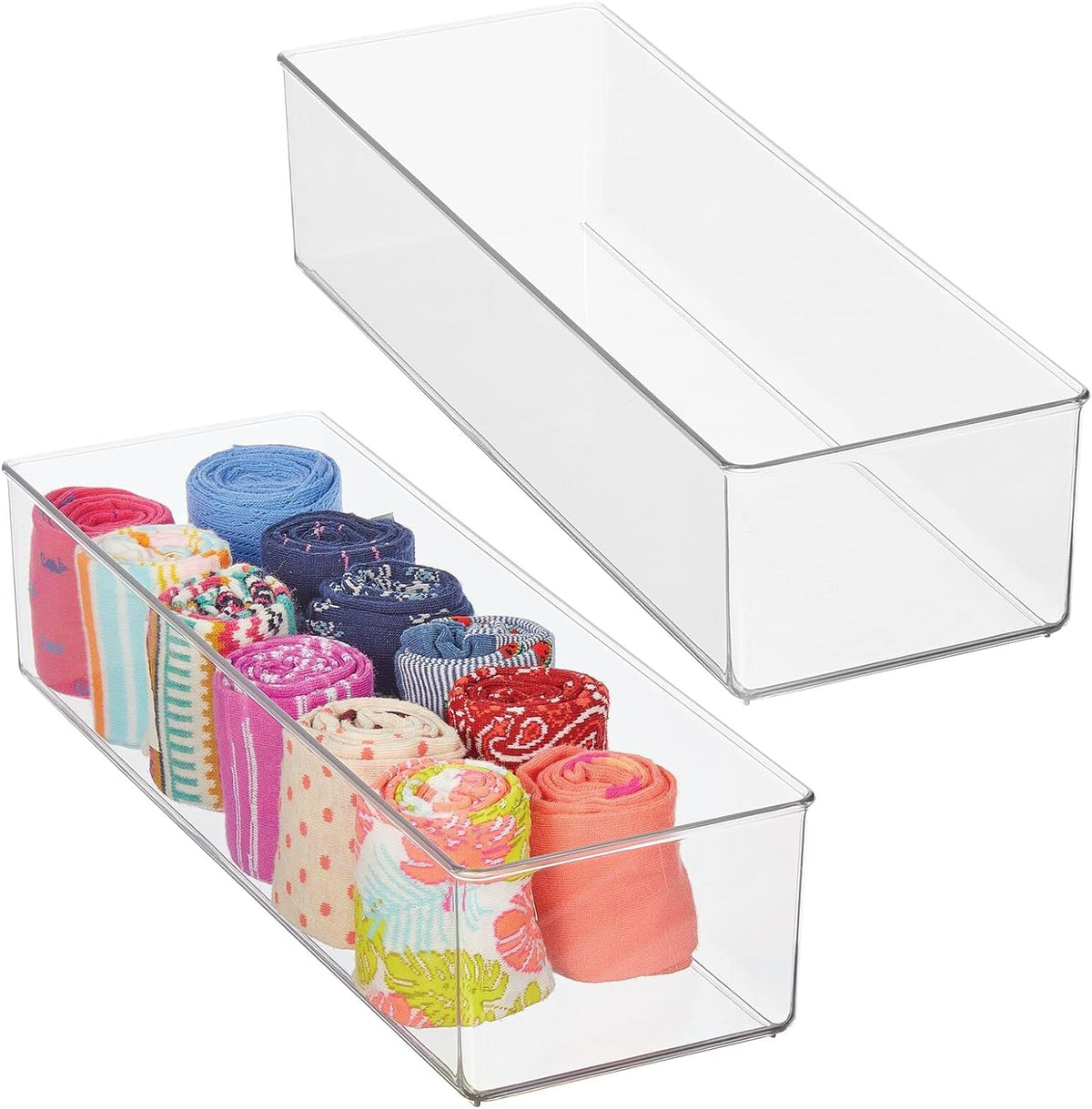 Plastic Drawer Organizer Box, Long Storage Organizer Bin Container; For Closets, Bedrooms, Use for Leggings, Socks, Ties, Jewelry, Accessories - Lumiere Collection - 2 Pack - Clear