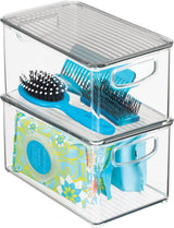 Deep Plastic Bathroom Storage Bin Box, Lid/Built-in Handles, Organization for Makeup, Hair Styling Tools, Toiletry Accessories in Cabinet, Shelves, Ligne Collection, 2 Pack, Clear/Smoke Gray