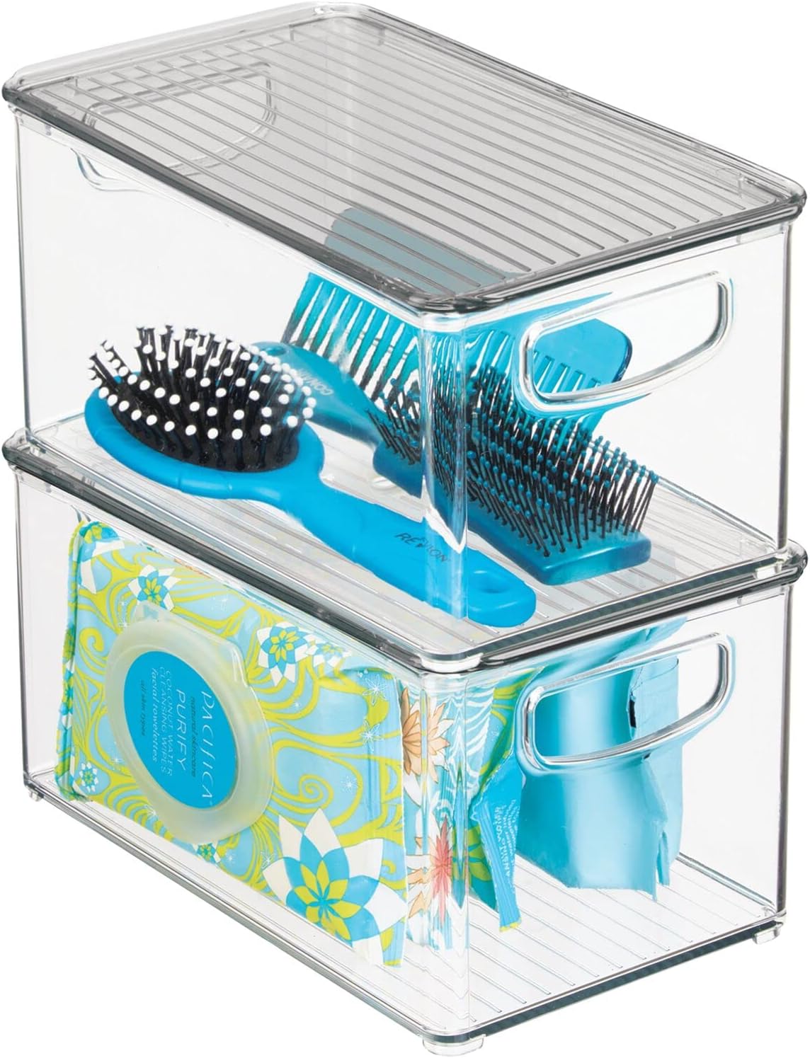 Deep Plastic Bathroom Storage Bin Box, Lid/Built-in Handles, Organization for Makeup, Hair Styling Tools, Toiletry Accessories in Cabinet, Shelves, Ligne Collection, 2 Pack, Clear/Smoke Gray