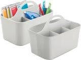 Plastic Small Office Storage Organizer Utility Tote Caddy with Handle for Cabinets, Desks, Workspaces - Holds Desktop Office Supplies, Pencils, Staplers Lumiere Collection, 2 Pack, Light Gray