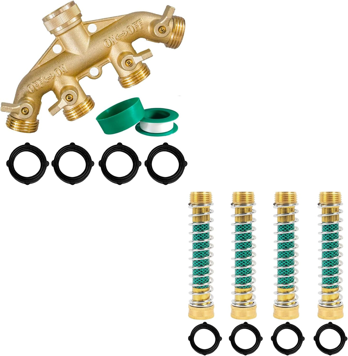 Brass Garden Hose Splitter (4 Way) + Garden Hose Protector