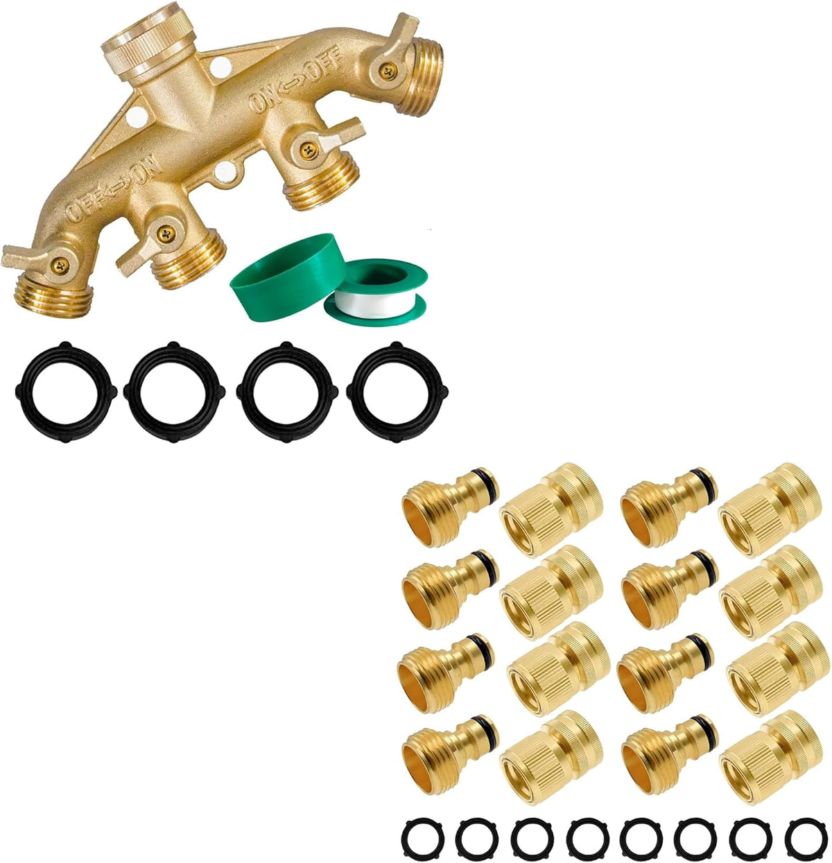 Brass Garden Hose Splitter (4 Way) + Garden Hose Quick Connector