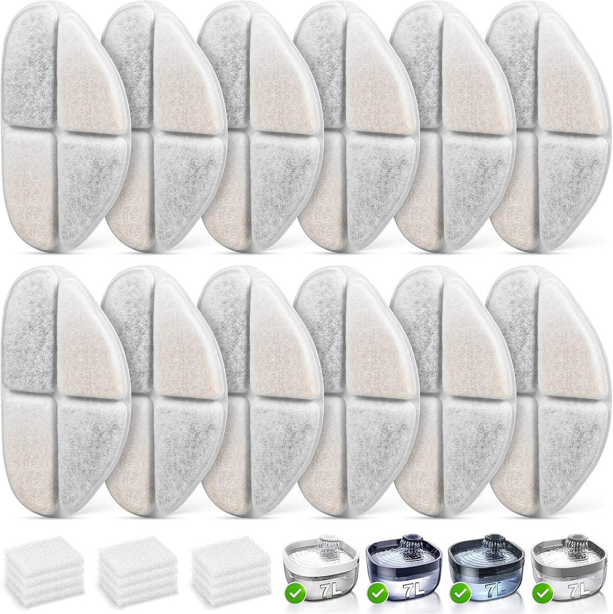 12 Packs Replacement Filters and 12 Packs Pump Sponges for FEELNEEDY 7L/1.8Gal Dog Water Fountain (FN-W05)