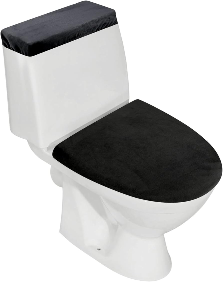 Stretch Velvet Toilet Lid Cover and Toilet Tank Lid Cover, Bathroom Super Soft Toilet Lid Cover Set Luxury Velvet Plush, with Elastic Bottom, Machine Wash, Black