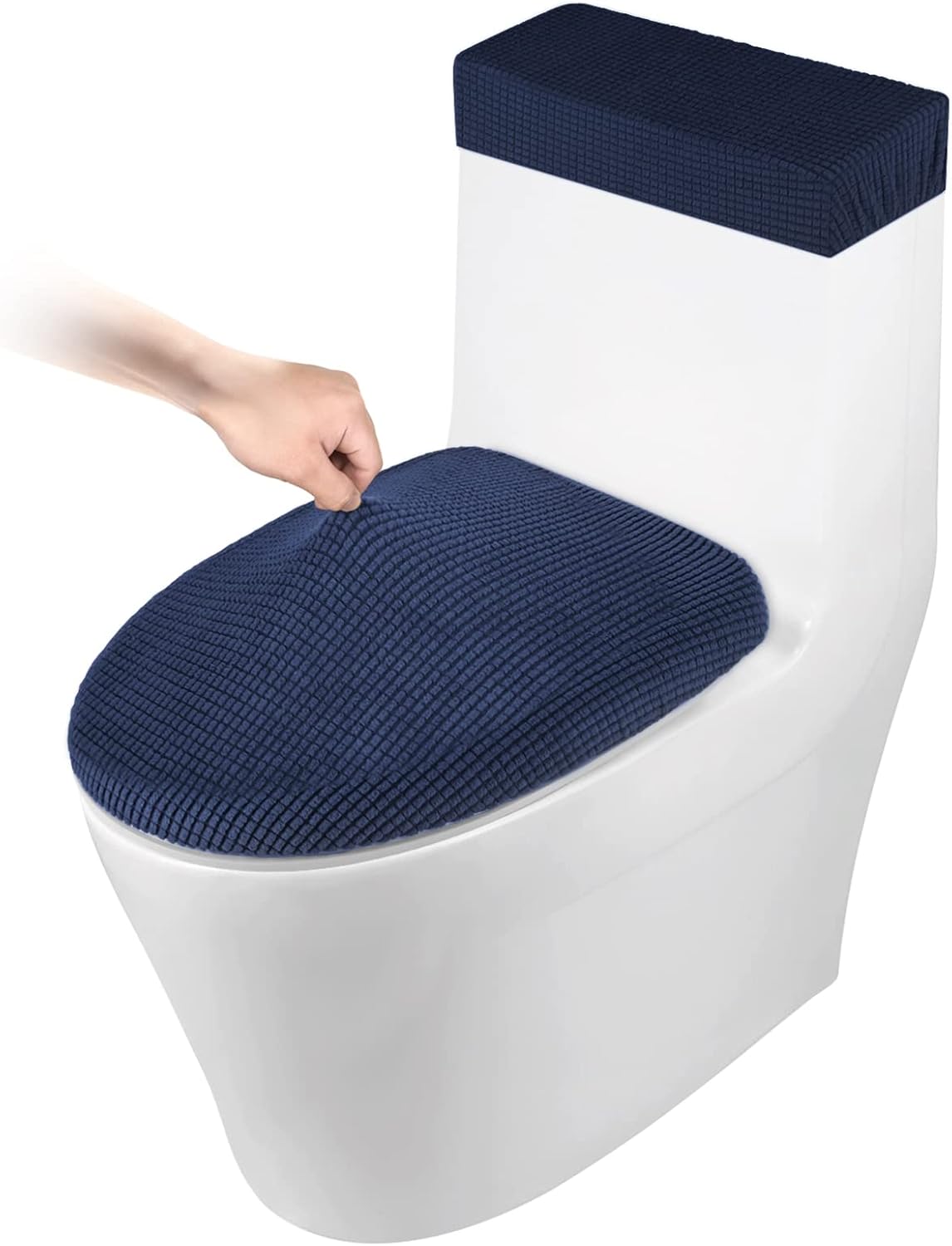 Toilet Lid Cover and Toilet Tank Cover Stretch Toilet Covers Set for Bathroom, Polyester Spandex Jacquard Fabric, Machine Washable, with Elastic Bottom, Navy Blue
