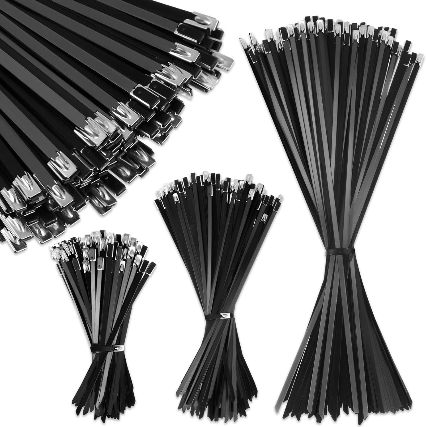 500 Pcs 6", 10", 14" Metal Zip Ties Black 304 Stainless Steel Zip Ties Epoxy Coated Tie Heavy Duty Cable Self Locking Cable Multi Purpose for Machinery Vehicles Exhaust Wrap Outdoor Fence Farms