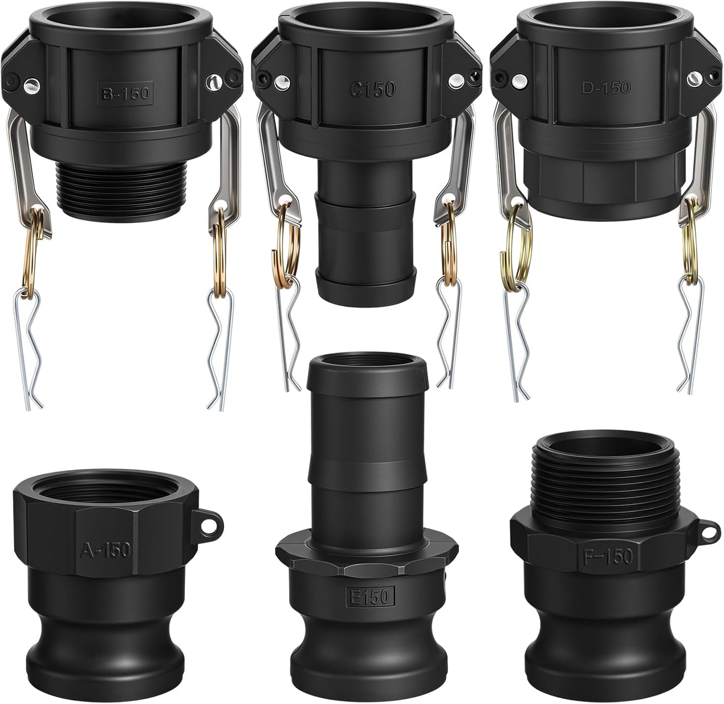 6 Pcs Cam Lock Fittings Kit Type Abcdef 1-1/2" Npt Threaded Cam and Groove Hose Fitting Female and Male Adapter Camlock Couplings for Fire Hose Nozzle (Polypropylene,Black)