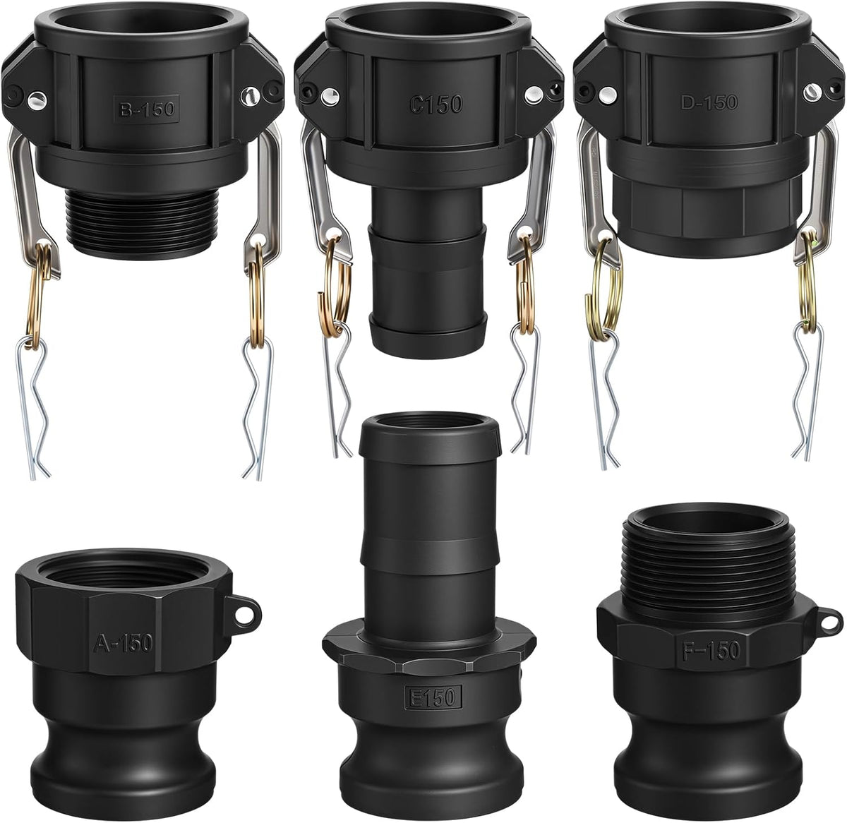 6 Pcs Cam Lock Fittings Kit Type Abcdef 1-1/2" Npt Threaded Cam and Groove Hose Fitting Female and Male Adapter Camlock Couplings for Fire Hose Nozzle (Polypropylene,Black)