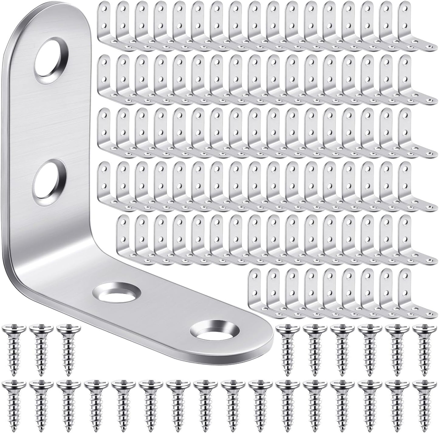 100 Pcs L Shaped Bracket Corner Brace Stainless Steel 90 Degree Corner Brace Heavy Duty Right Angle Bracket for Wood Furniture Chair Drawer Cabinet with Screws (1.57 x 1.57 Inch)