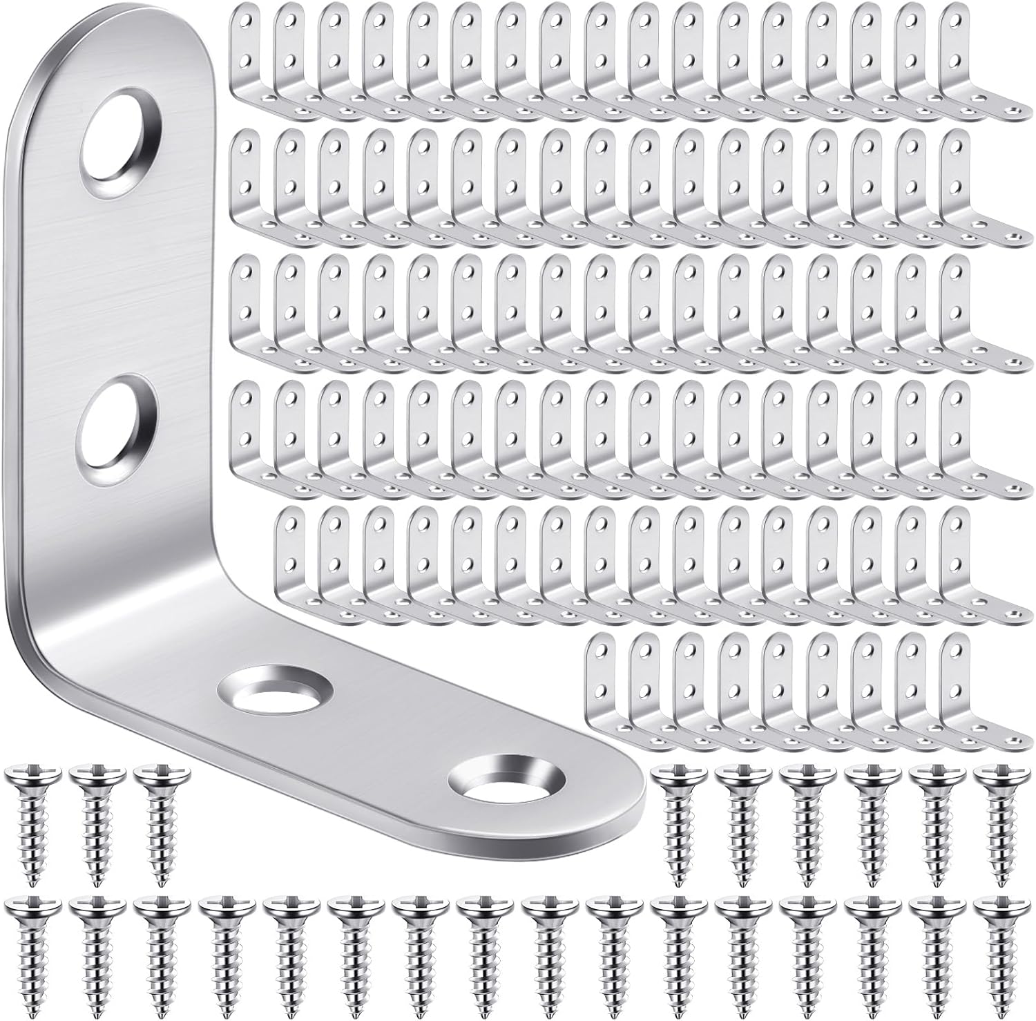 100 Pcs L Shaped Bracket Corner Brace Stainless Steel 90 Degree Corner Brace Heavy Duty Right Angle Bracket for Wood Furniture Chair Drawer Cabinet with Screws (1.57 x 1.57 Inch)