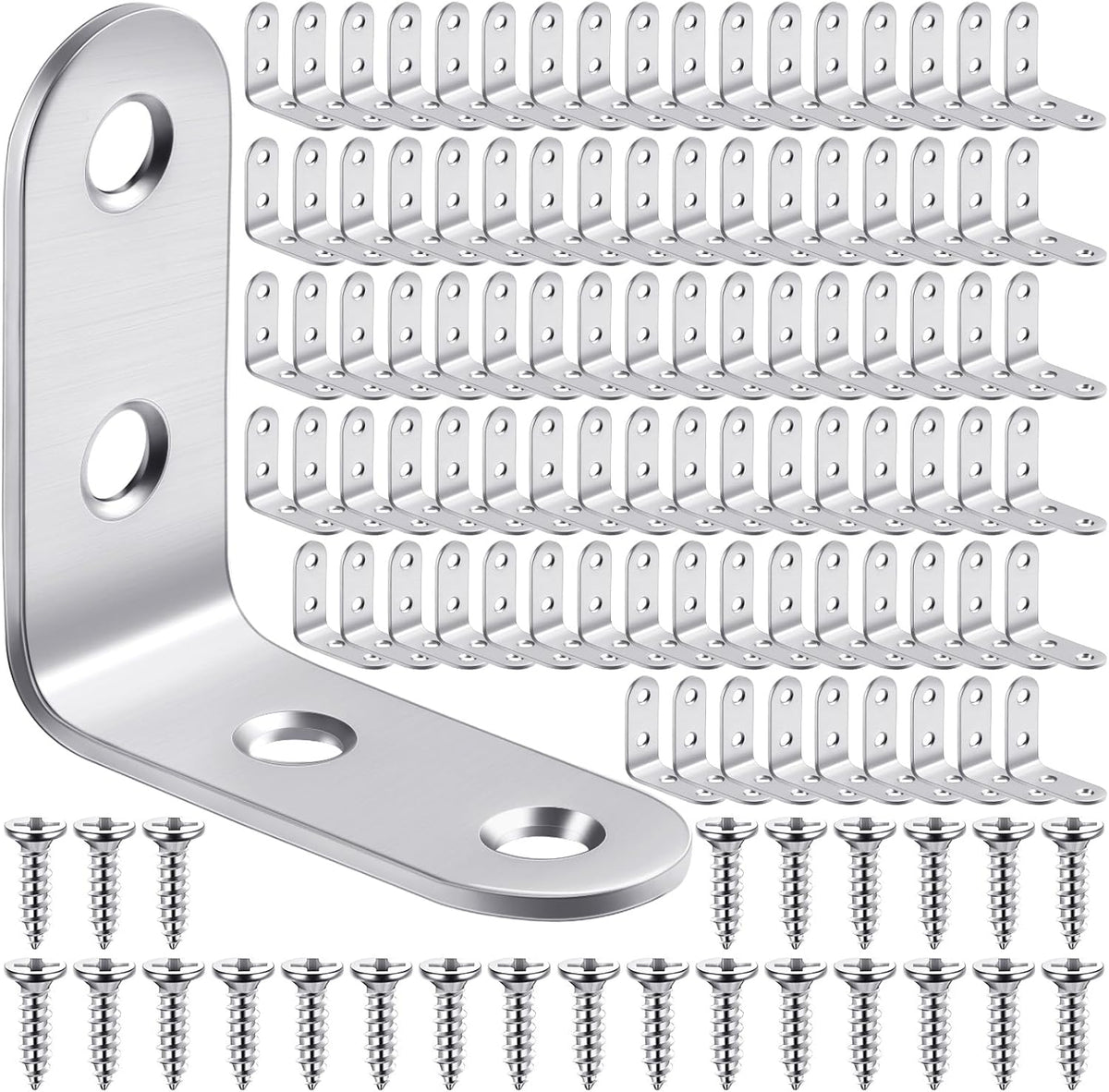 100 Pcs L Shaped Bracket Corner Brace Stainless Steel 90 Degree Corner Brace Heavy Duty Right Angle Bracket for Wood Furniture Chair Drawer Cabinet with Screws (1.57 x 1.57 Inch)