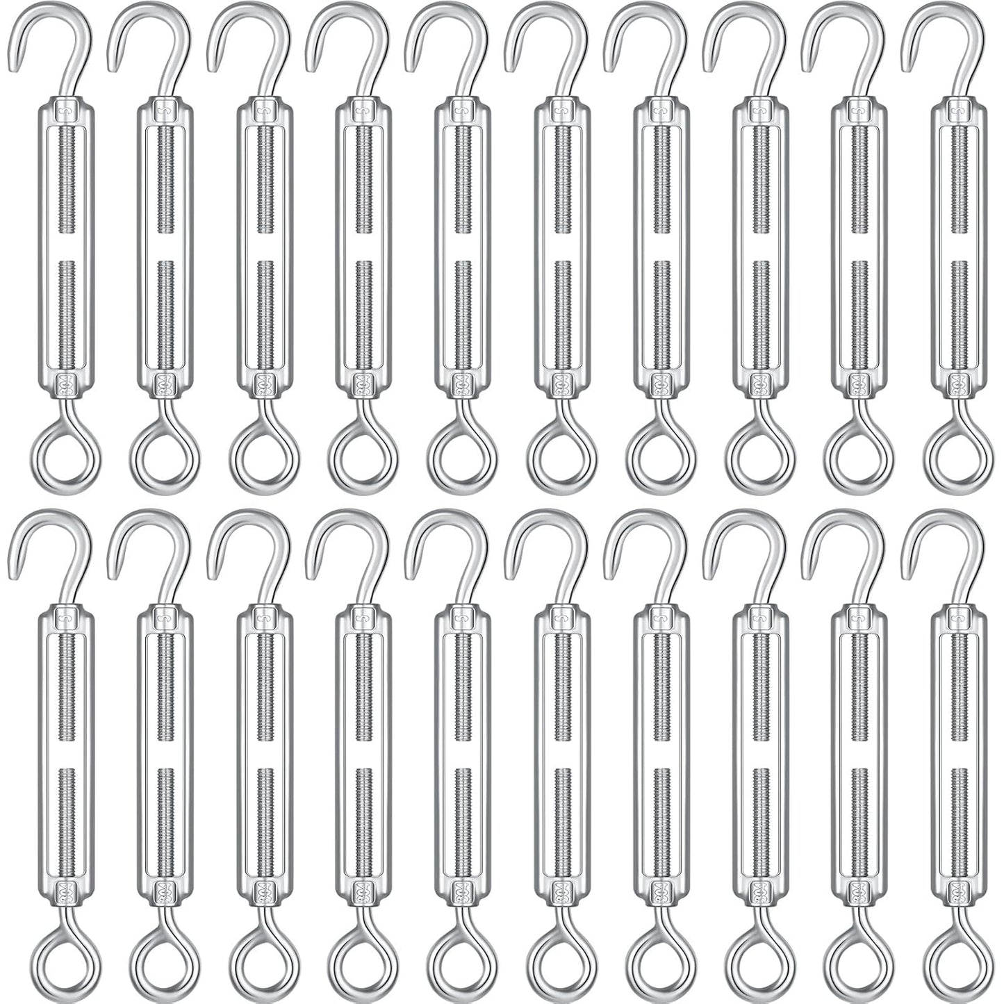 20 Pcs Hook and Eye Turnbuckle M5 Stainless Steel Turnbuckle, Metal Rope Tightener Cable Tensioner Turn Buckles for Garden Fence Gate Tent Wire Shade Sail Installation DIY Light String Hanging