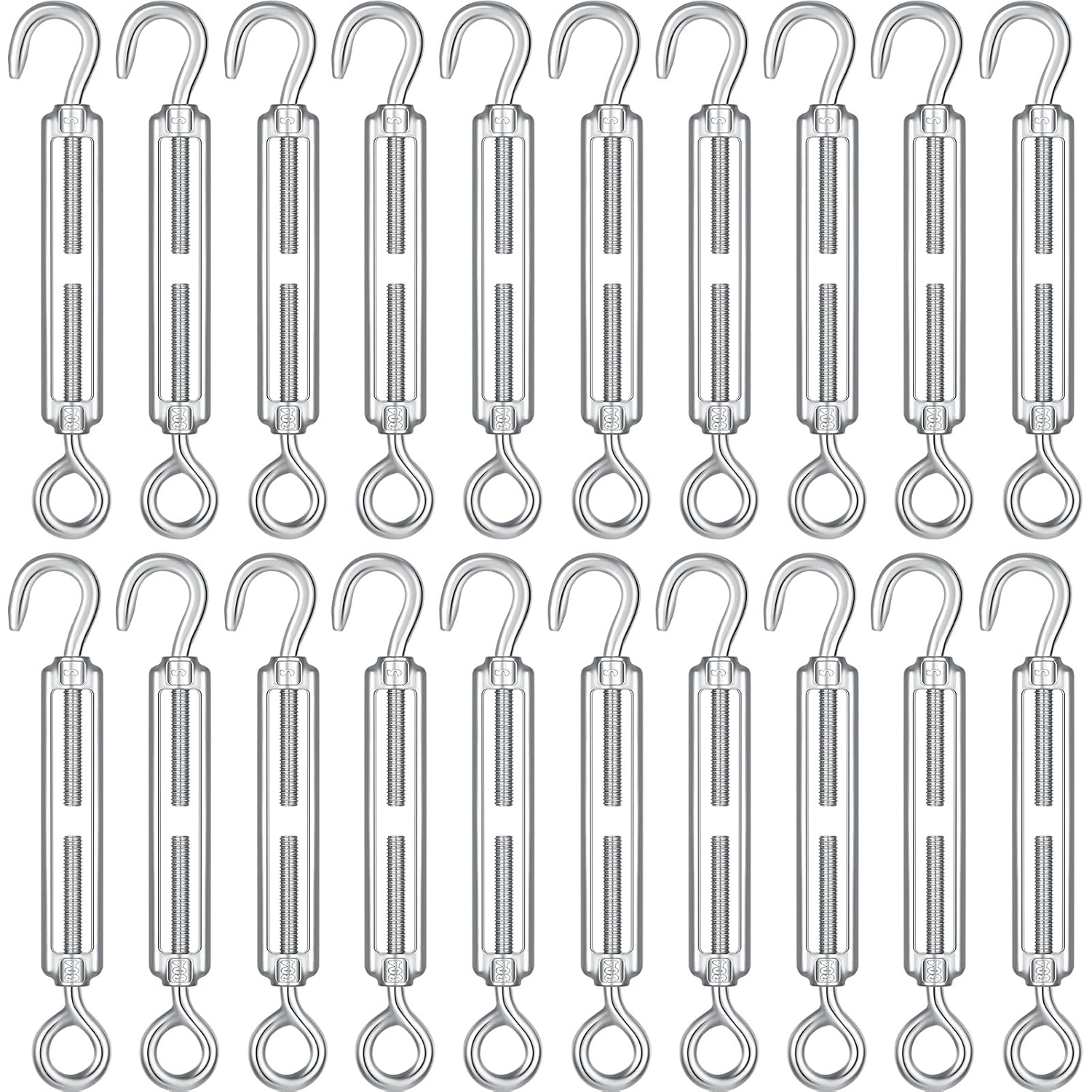 20 Pcs Hook and Eye Turnbuckle M5 Stainless Steel Turnbuckle, Metal Rope Tightener Cable Tensioner Turn Buckles for Garden Fence Gate Tent Wire Shade Sail Installation DIY Light String Hanging