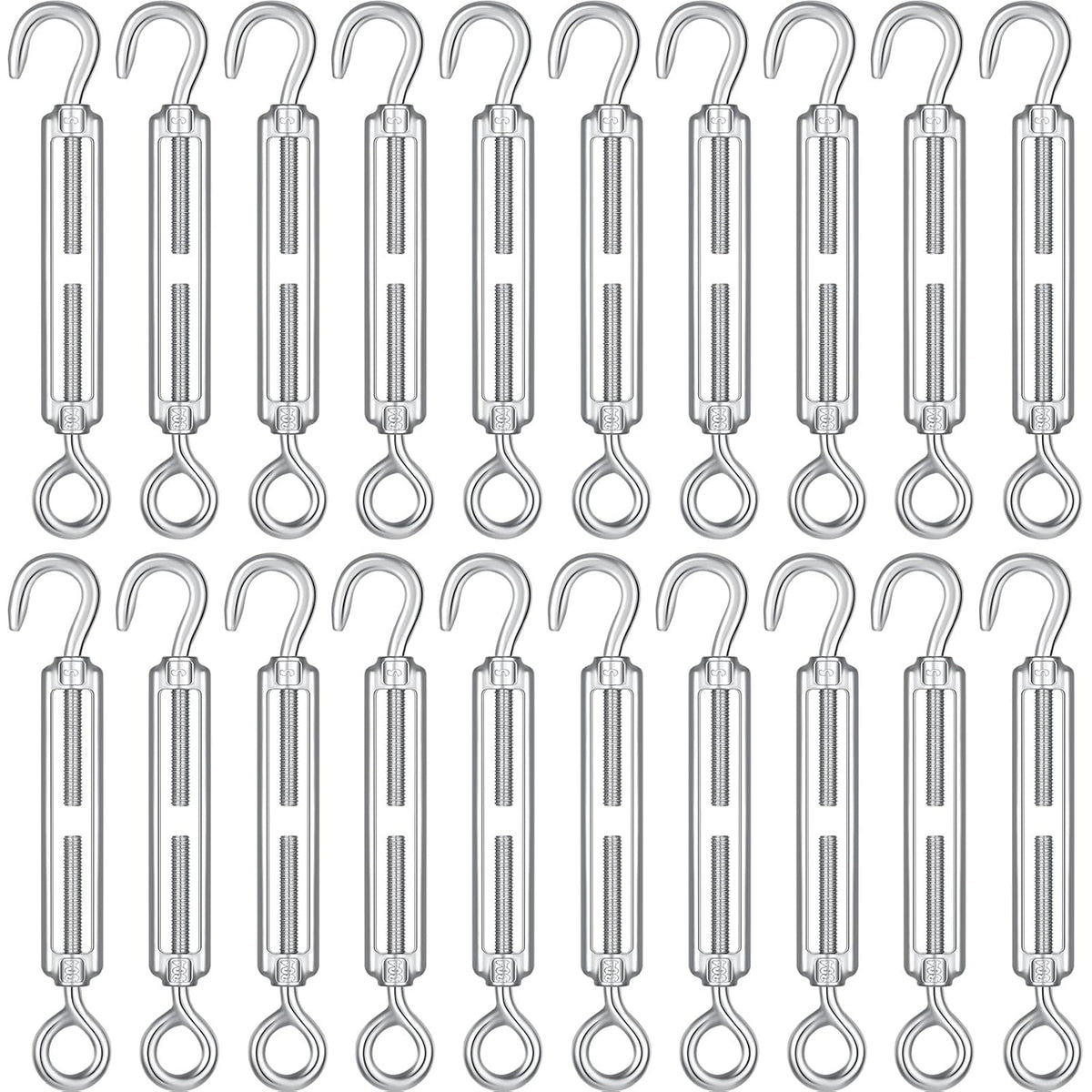 20 Pcs Hook and Eye Turnbuckle M5 Stainless Steel Turnbuckle, Metal Rope Tightener Cable Tensioner Turn Buckles for Garden Fence Gate Tent Wire Shade Sail Installation DIY Light String Hanging