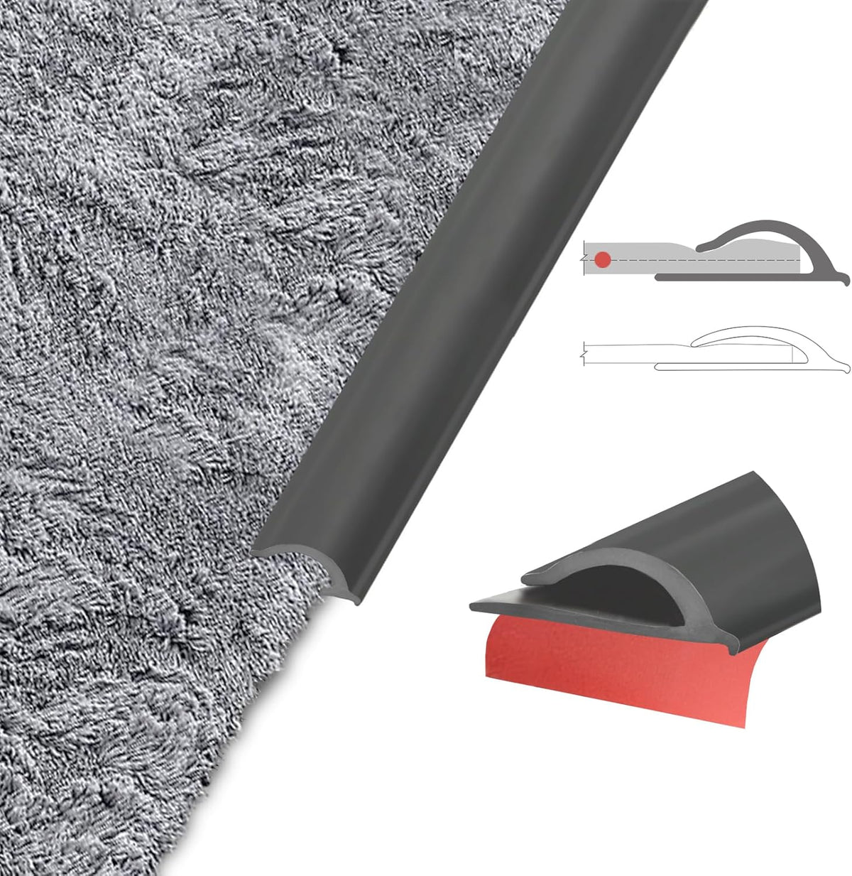 Flexible Carpet Edge Trim – Self-Adhesive Waterproof Cuttable Safety Edging for Thick Rugs &Mats, Peel & Stick Floor Transition Strip, For High-Traffic Areas (Fits Thick Carpets Up to 15mm,Black-20Ft)