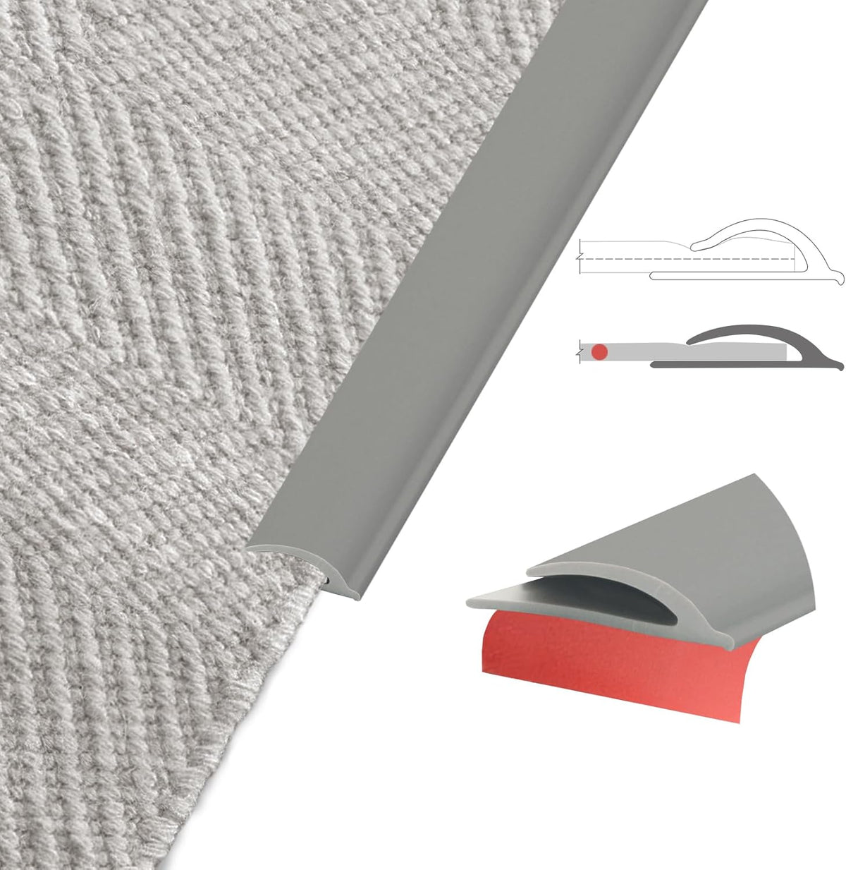Flexible Carpet Edge Trim – Self-Adhesive Waterproof Cuttable Safety Edging for Thick Rugs & Mats, Peel & Stick Floor Transition Strip, (Fits High-Traffic Area Thin Carpets Up to 8mm,Deep Grey-10Ft)
