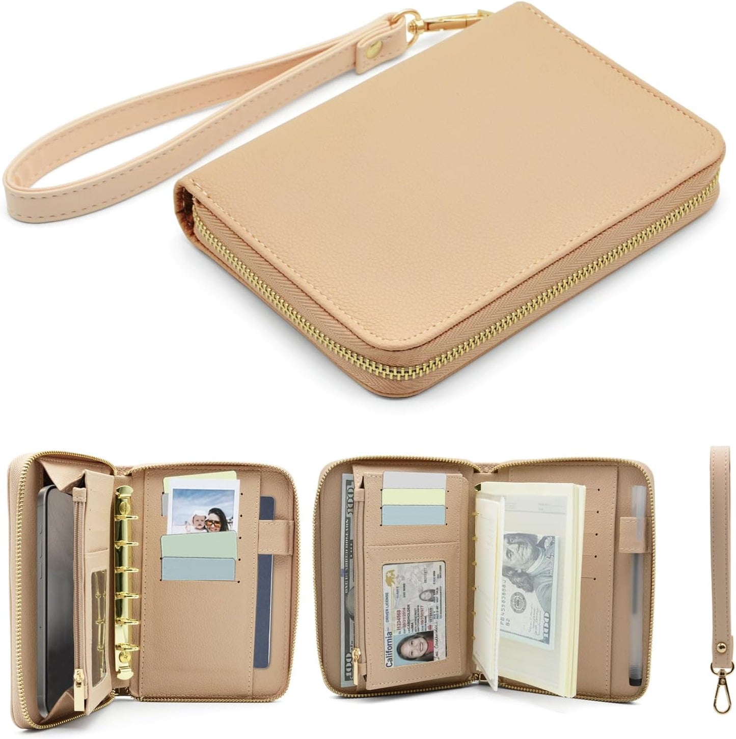 A7 Binder Cash Envelope System Wallet – Budget Binder with Cash Envelopes, Zipper Planner Notebook, 6-Ring Binder, Saving Challenge Planner, Cash Stuffing Wallet with PU Leather Cover (Skin Color)