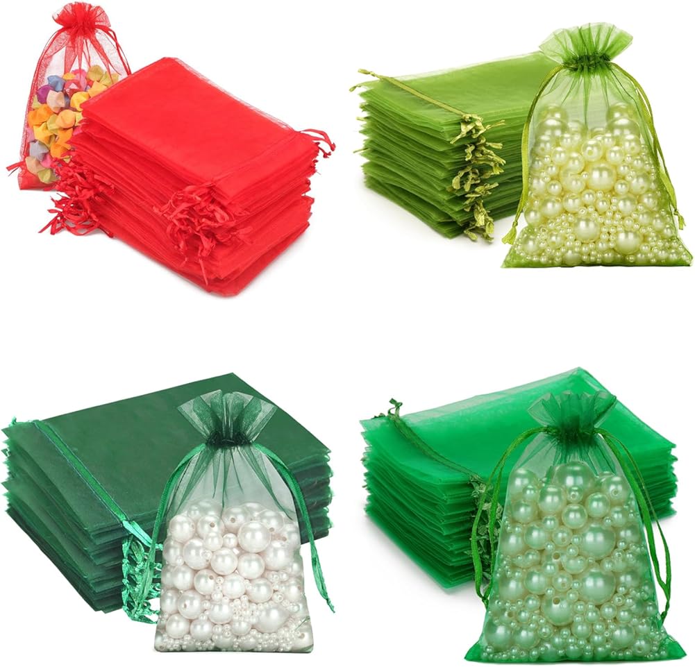 400PCS Christmas Organza Bags 4x6 In, Red Green Drawstring Organza Bag, Mesh Jewelry Pouches Tulle Bag for Candy, Jewelry, Fruits, Wedding, Christmas Party Favors