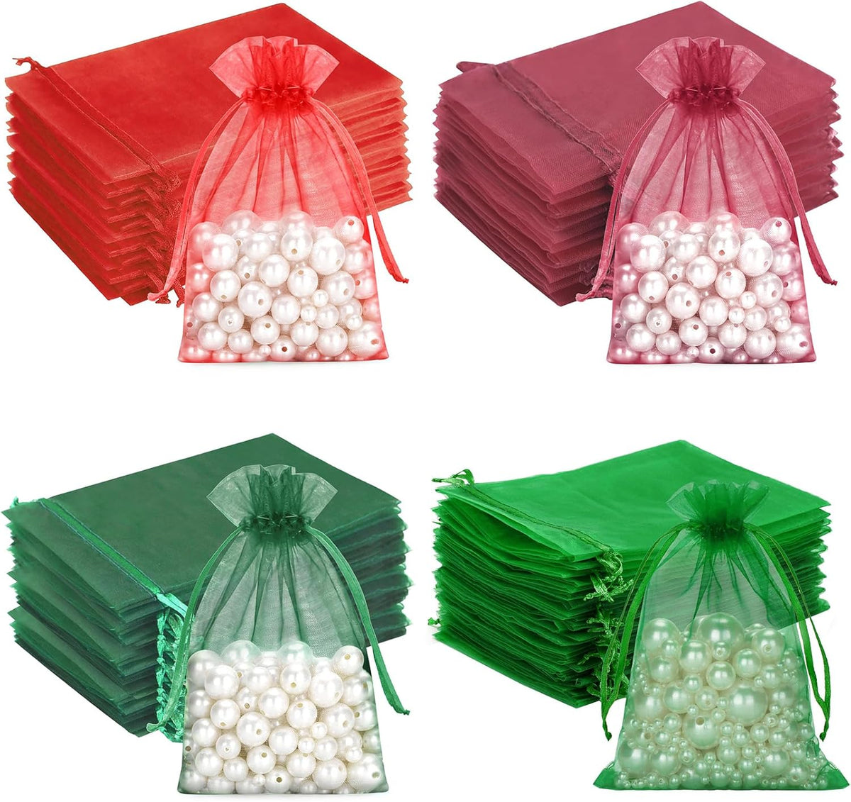 100 PCS Christmas Organza Bags, Red Green Drawstring Organza Bags 5x7 inches, Sheer Mesh Pouches for Candy, Jewelry, Christmas, Wedding Party Favors