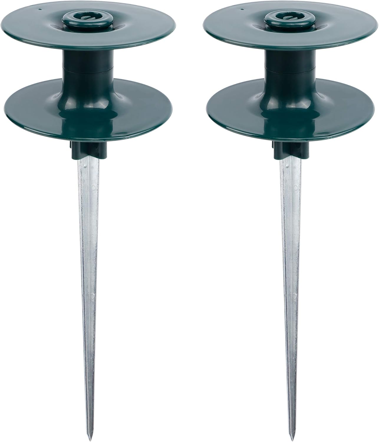 10 Inch Garden Hose Guide Spike, Rust Free Zink Sturdy Metal Stake, Heavy Duty Dark Green Spin Top, Keeps Garden Hose Out of Flower beds, for Plant Protection, 2 Pack