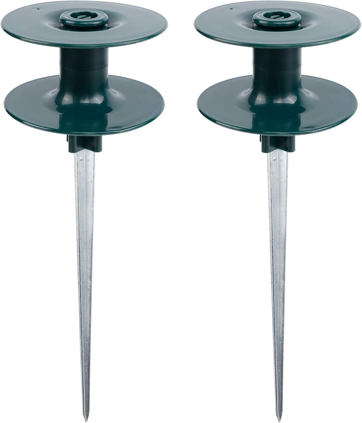 10 Inch Garden Hose Guide Spike, Rust Free Zink Sturdy Metal Stake, Heavy Duty Dark Green Spin Top, Keeps Garden Hose Out of Flower beds, for Plant Protection, 2 Pack