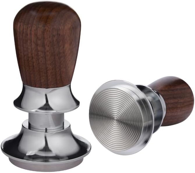 53.3mm Calibrated Tamper For Breville 54mm portafilter the Coffee Tamper have 30lb Spring Loaded and Auto-Leveling it's a espresso tool with Stainless Steel Ripple Base and Walunt Handle