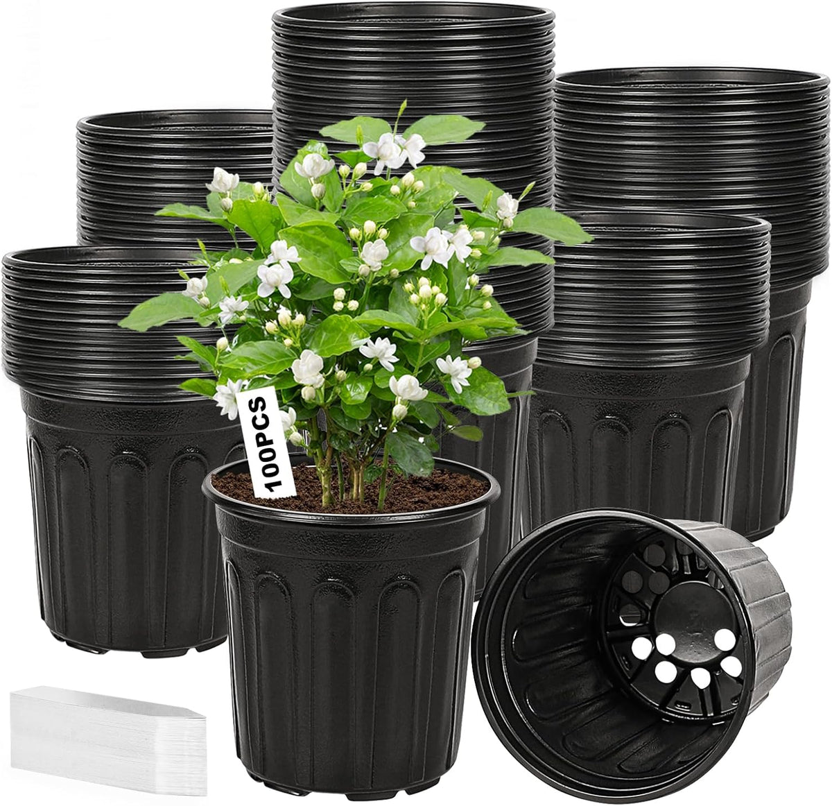 100-Pack 1 Gallon Nursery Pots, Thickened Pots for Plants with Drainage Holes, Large Plastic Flower Pots for Seedlings, Succulents, Transplanting, Come with 100pcs Plant Labels