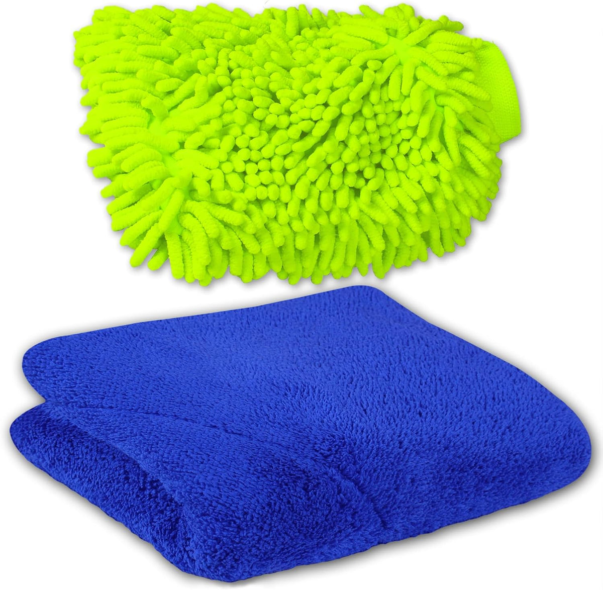 Microfiber Fingers Dusting & Cleaning Mitt and Large Towel Set, Machine Washable, Highly Absorbent Car Detailing Cleaner for Drying, Washing and Wax Polishing (1 Green Mitt, 1 Blue Towel)