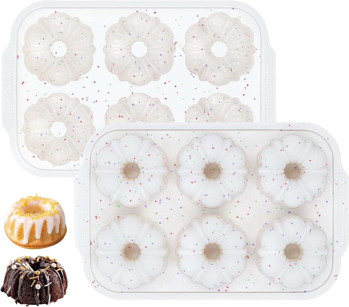 Mini Fluted Tube Pan with Metal Reinforced Frame, 6-Cavity Silicone Nonstick Small Cake Molds 2Pcs for Chocoflan, Donuts, Cornbread, Brownies, Jellies BPA Free
