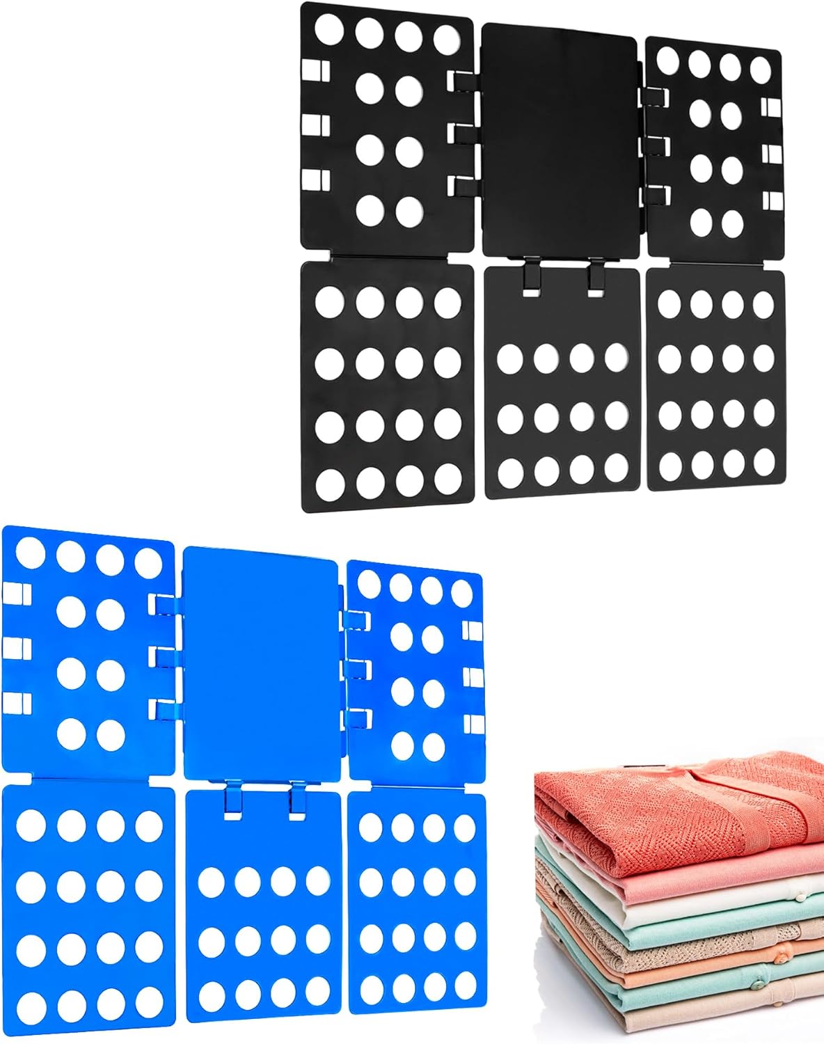 PP Composite Folding Board, 2 Pack Folding Clothes Board - Black + Blue, One-Hand Operation Laundry Folding Tool, Non-Slip Silicone Buckles, T Shirt Folder, Laundry Folders for All Garments