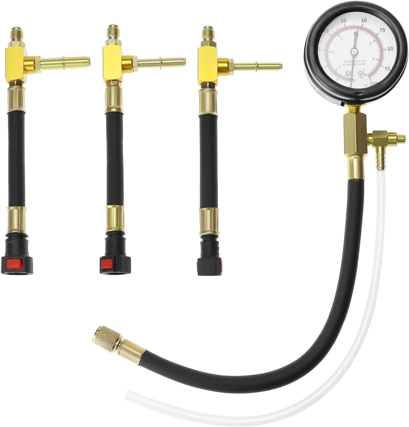 Universal Fuel Pressure Test Kit, Dual Scale Gauge (0-7 bar/0-100 psi) with Multiple Adapter Sizes, Brass Connectors
