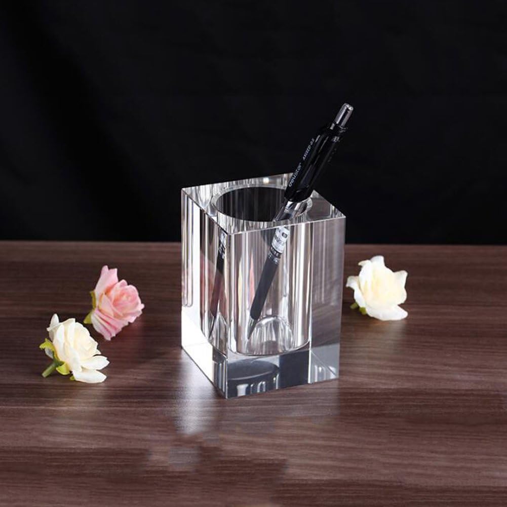 Glass Crystal Pen Pencil Cup Holder Square Clear Small Desk Table Organizer for Office School, Teacher and Student