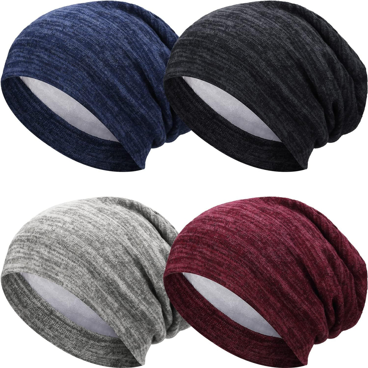 4 Pieces Satin Lined Beanie Cap Satin Sleep Lined Hat Slouchy Beanie Hat Night Silk Hair Cap for Women Men