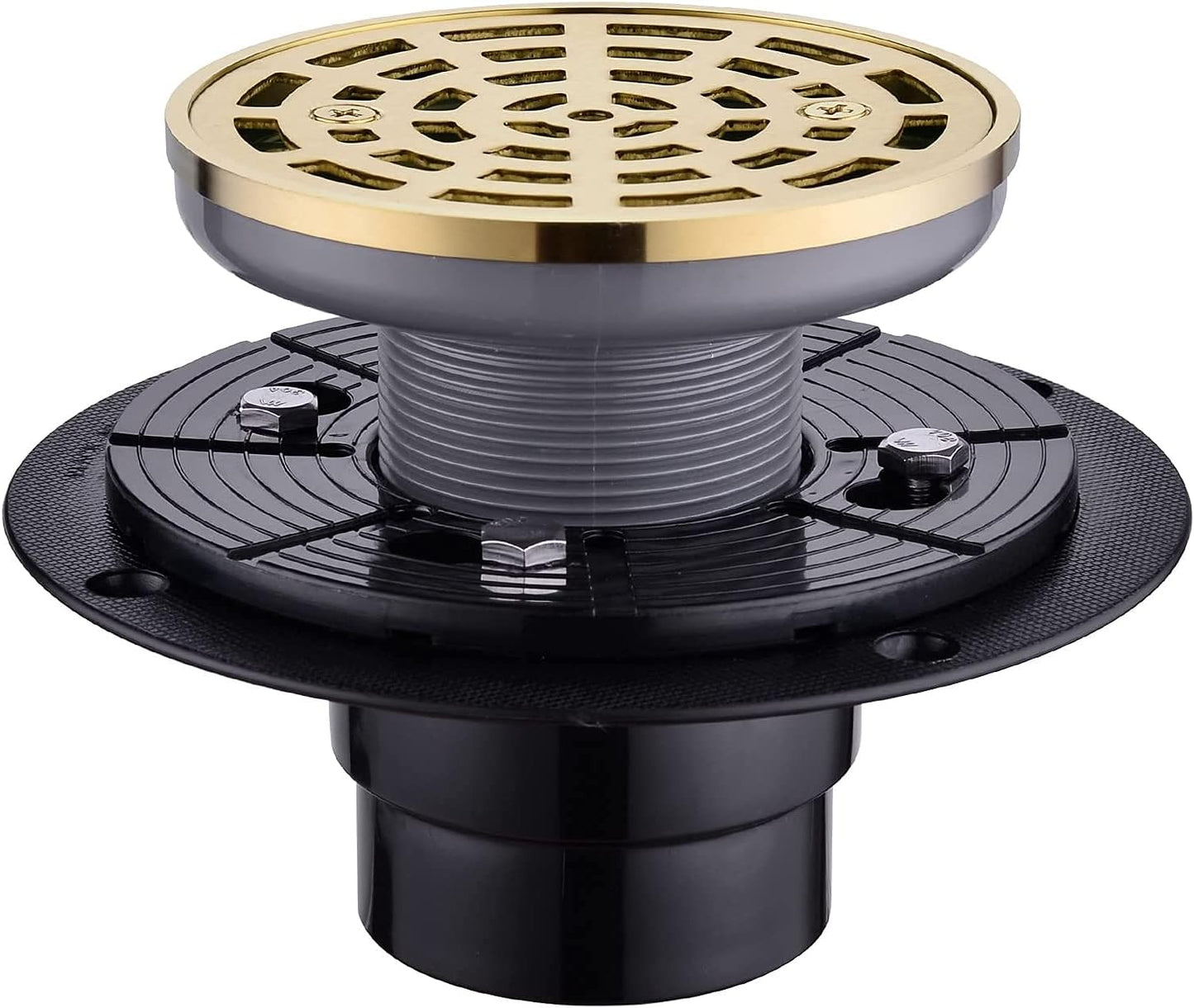 Round Shower Drain SUS304 Stainless Steel Brushed Gold Shower Drain 4 inch with Adjustable PVC Base Flange,Shower Floor Drain with Removable Cover Grid Grate