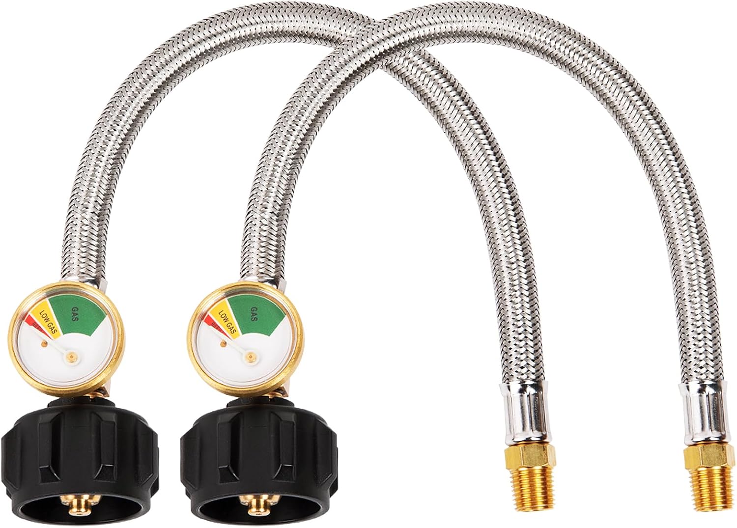 15 Inch RV Propane Hose with Gauge, Stainless Steel Braided Camper Tank Hose for Dual Stage Regulator, 1/4 Inch Male NPT x QCC1, 2 Pack