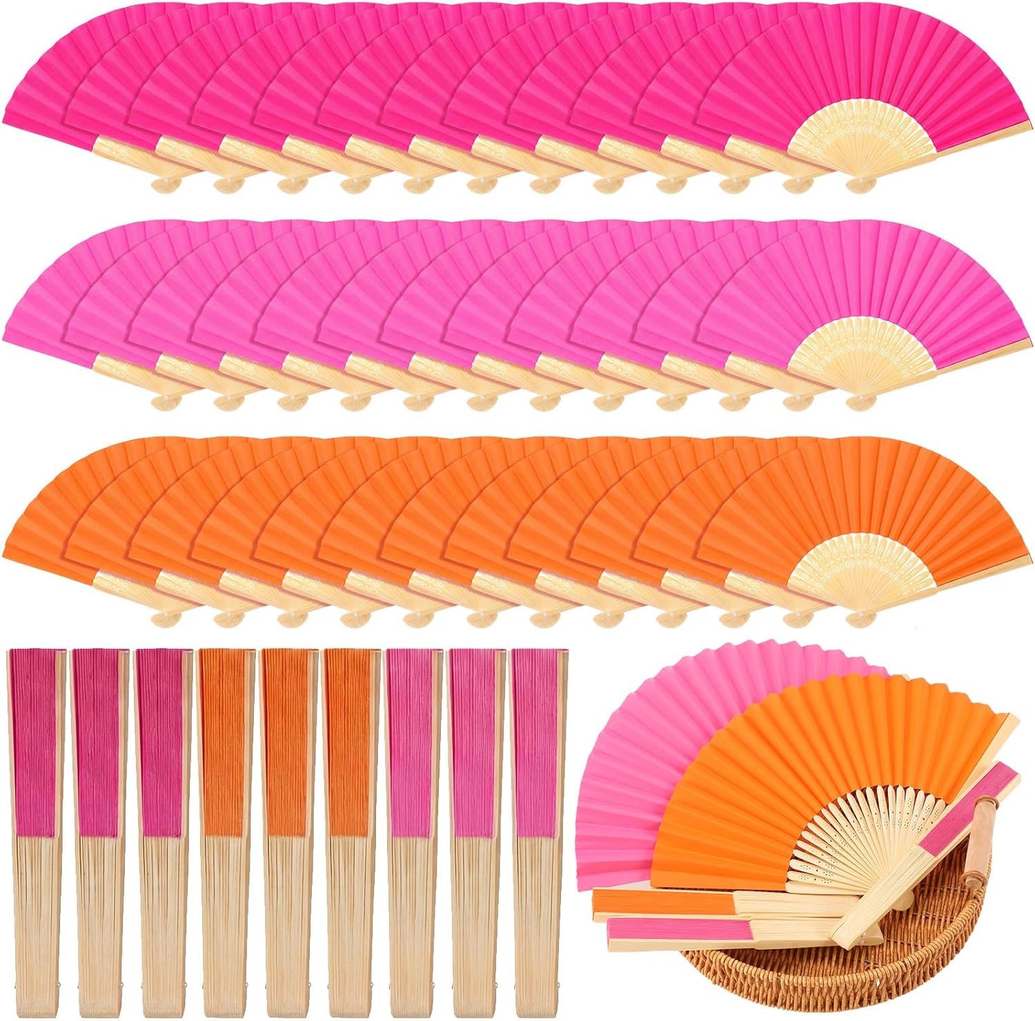 36 Pcs Pink and Orange Party Hand Fan with Gift Bags Decorative Bamboo Folding Fans Bulk Thanks for Coming for Wedding Party Favors Bridal Shower Decorations (Pure, Rose Red, Pink, Orange)