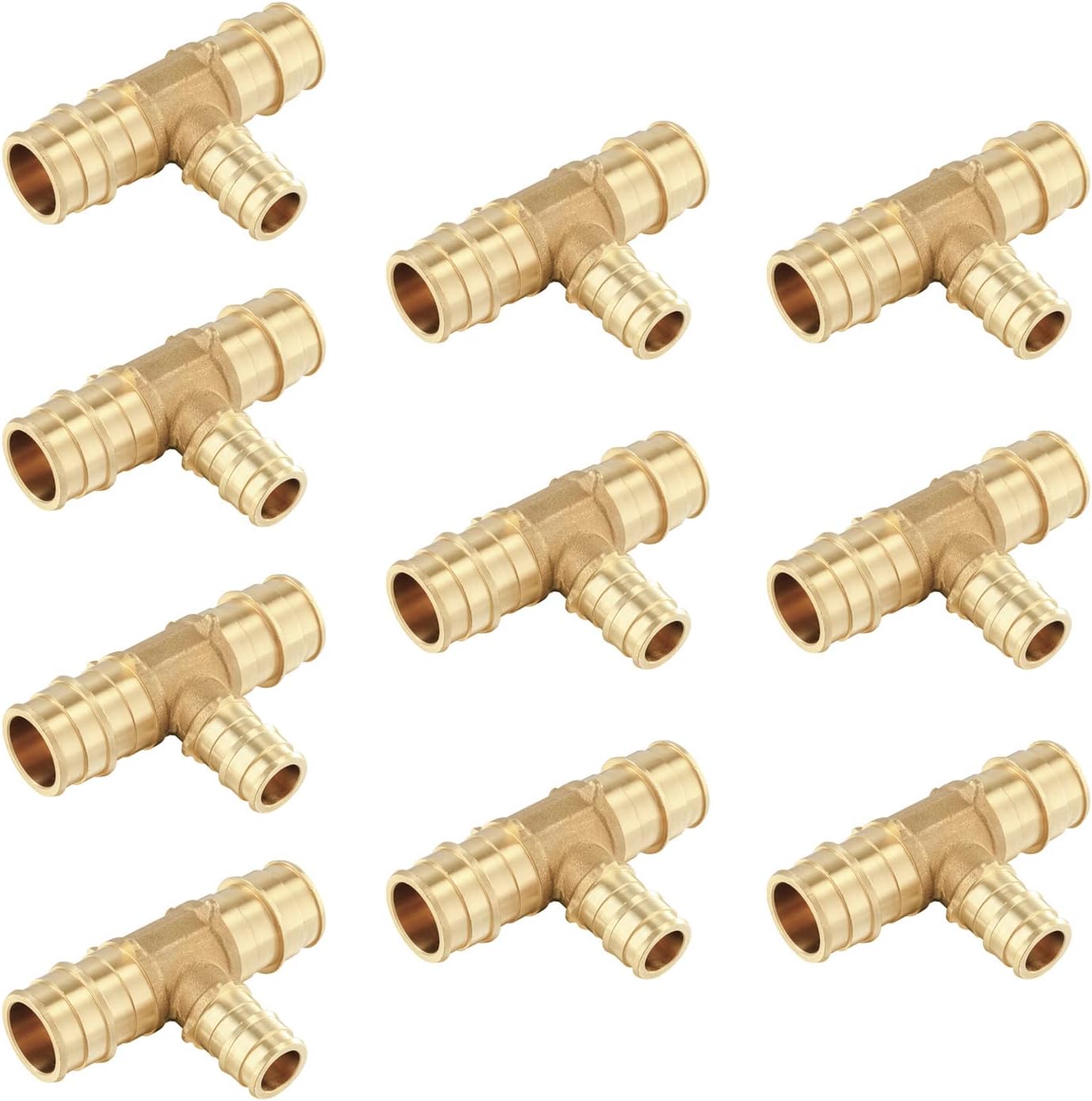 Pack of 10 Pex A reducing tees, 3/4"x 3/4"x 1/2" brass fittings.