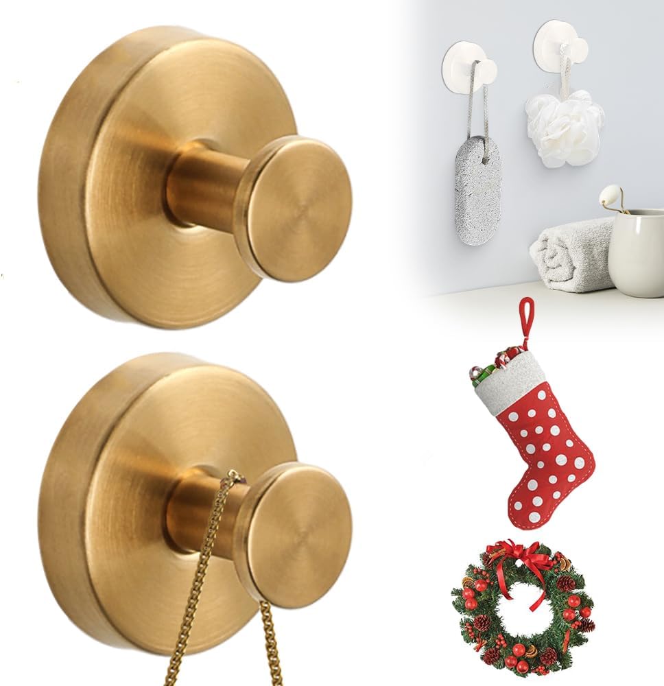 Suction Cup Hooks for Wreaths on Glass, 2025 New Stainless Steel Waterproof Suction Cup Hooks, Upgrade Hold No Drill Hooks for Bathroom Shower Mirrors Kitchens Hanging Towels Hooks (2, Goldern)