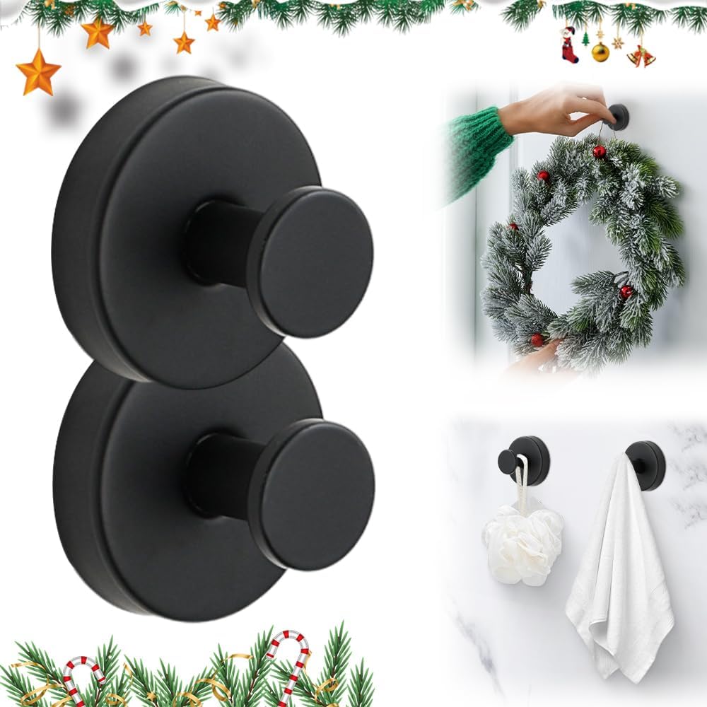2025 New No Drill Hooks Multipack, Stainless Steel Waterproof Suction Cup Hooks Kitchens Hanging Towels, Suction Cup Hooks for Bathroom Shower Mirrors Suction Cup Hooks (2, Black)